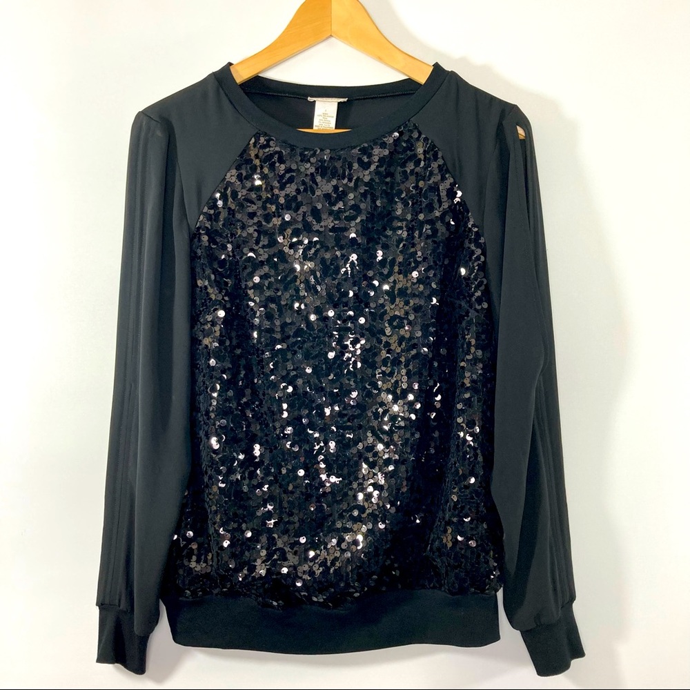 Cache Open Sleeve Black Sequin Blouse, Size Small